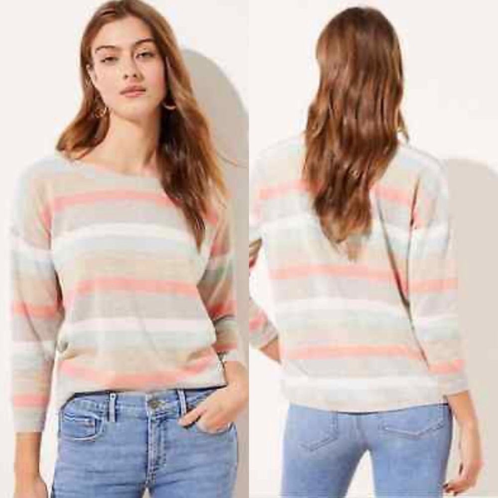 LOFT‎ Linen Blend Shimmer Striped Crewneck Sweater